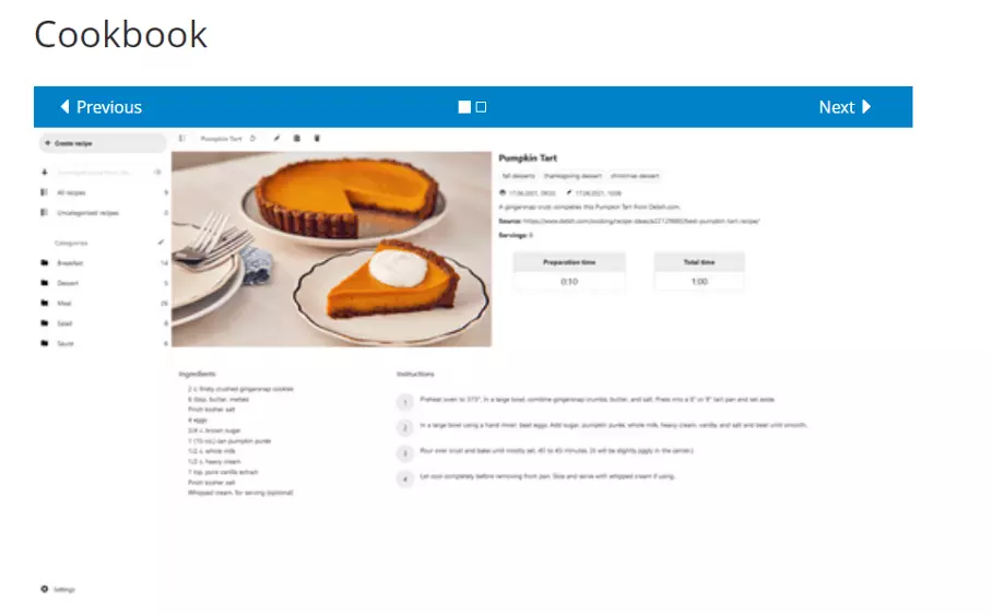 Captura de pantalla de la app Cookbook en la página web de Nextcloud