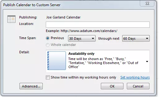 Ventana de diálogo de Outlook: “Publish Calendar to Custom Server” (Publicar calendario en servidor personalizado)