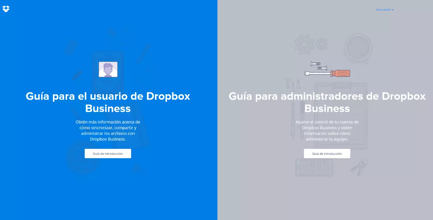 Captura de pantalla de la página de inicio de la Guía de Dropbox