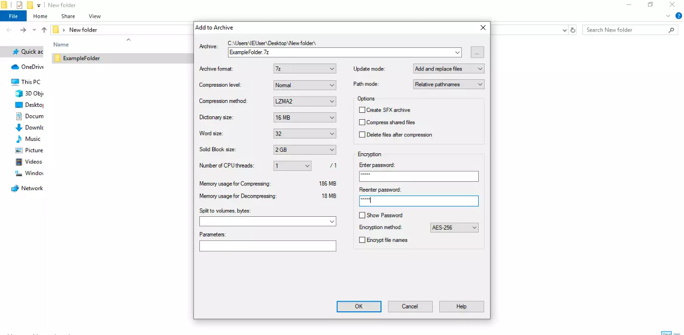 7-Zip: ventana para configurar el cifrado de archivos comprimidos