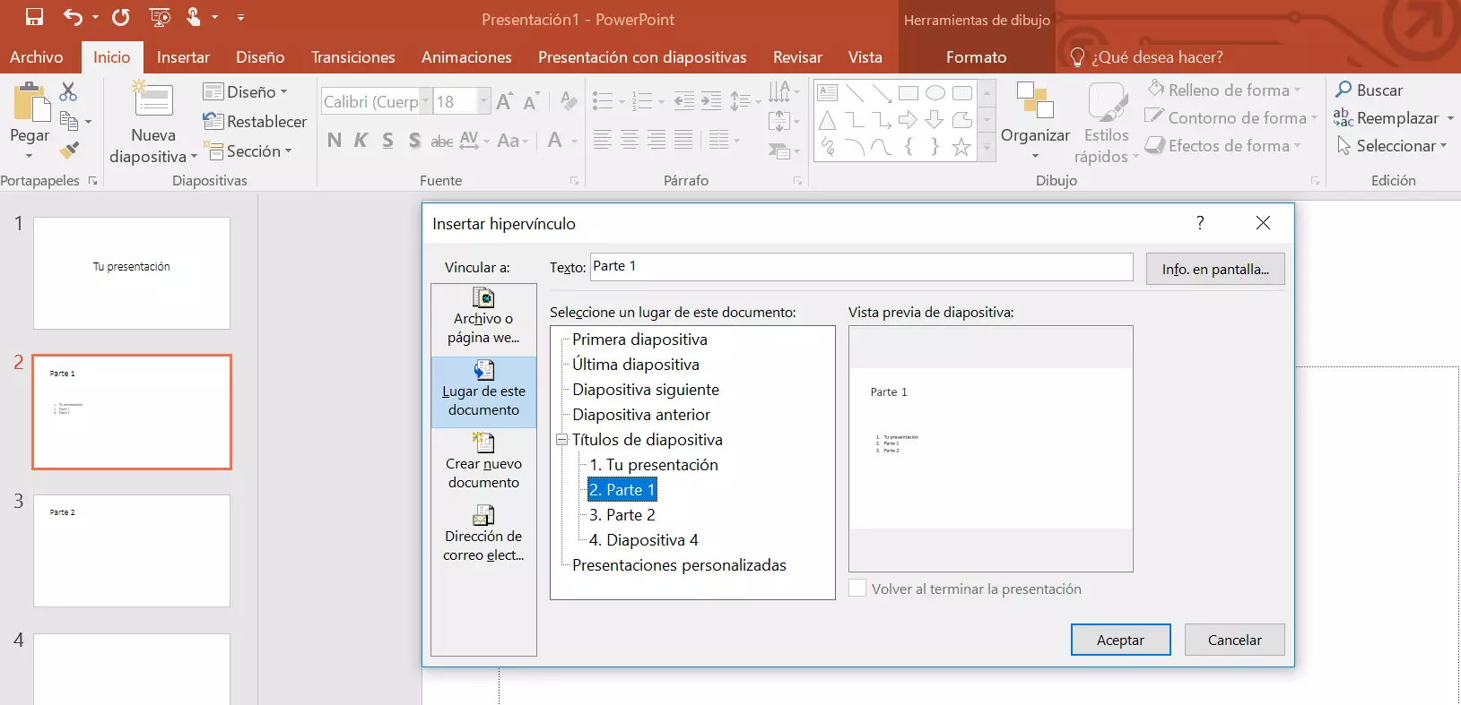 Vincular la tabla de contenido de PowerPoint: cuadro de diálogo “Insertar hipervínculo”