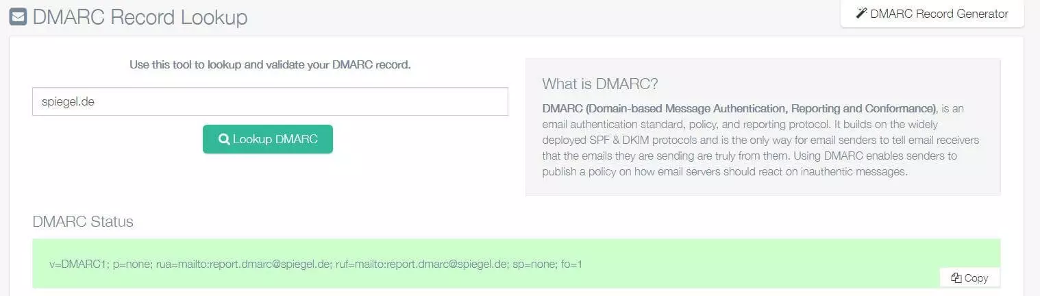 Imagen de la herramienta DMARC Record Lookup de easydmarc.com