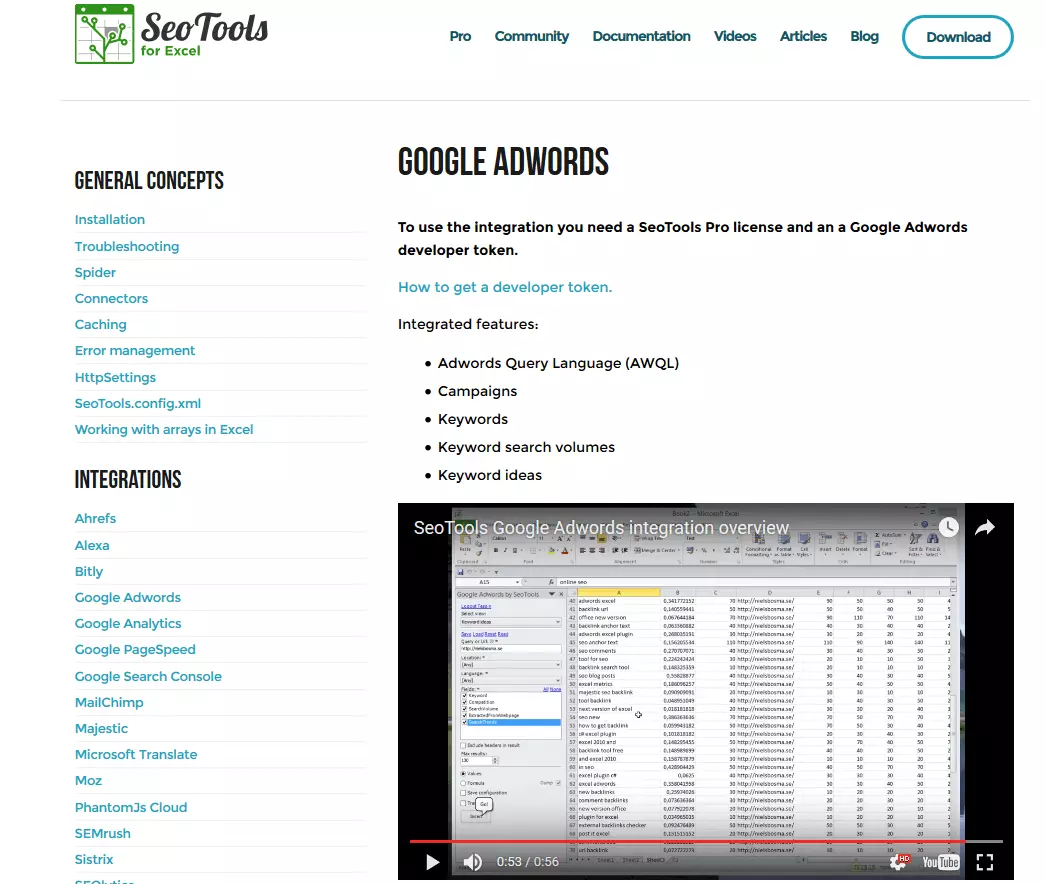 Demostración de la interfaz de Google AdWords en seotoolsforexcel.com