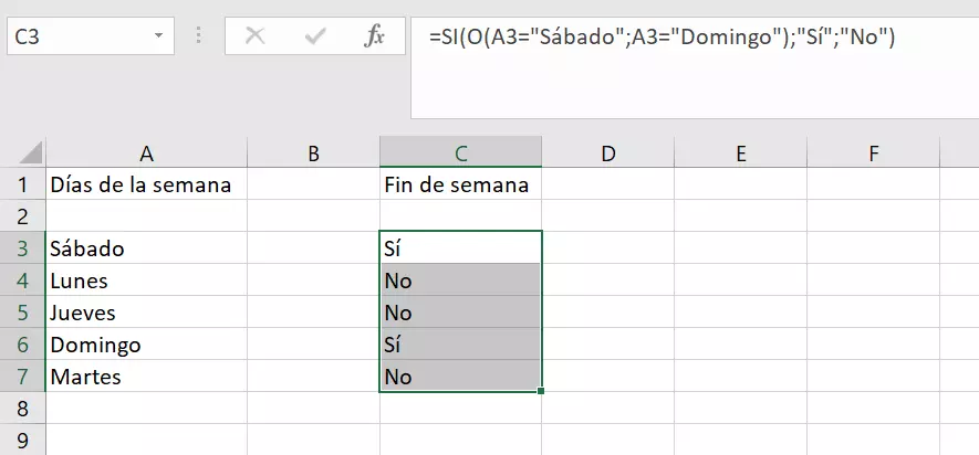 Función de Excel O con categorías definidas por el usuario.