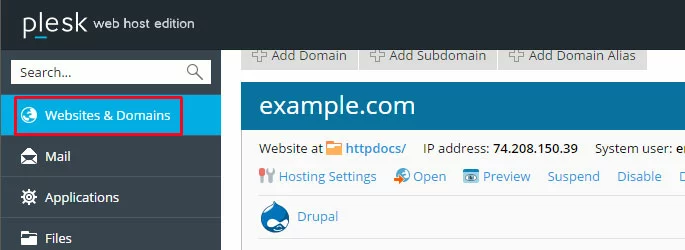 Interfaz de Plesk: Sitios web y dominios