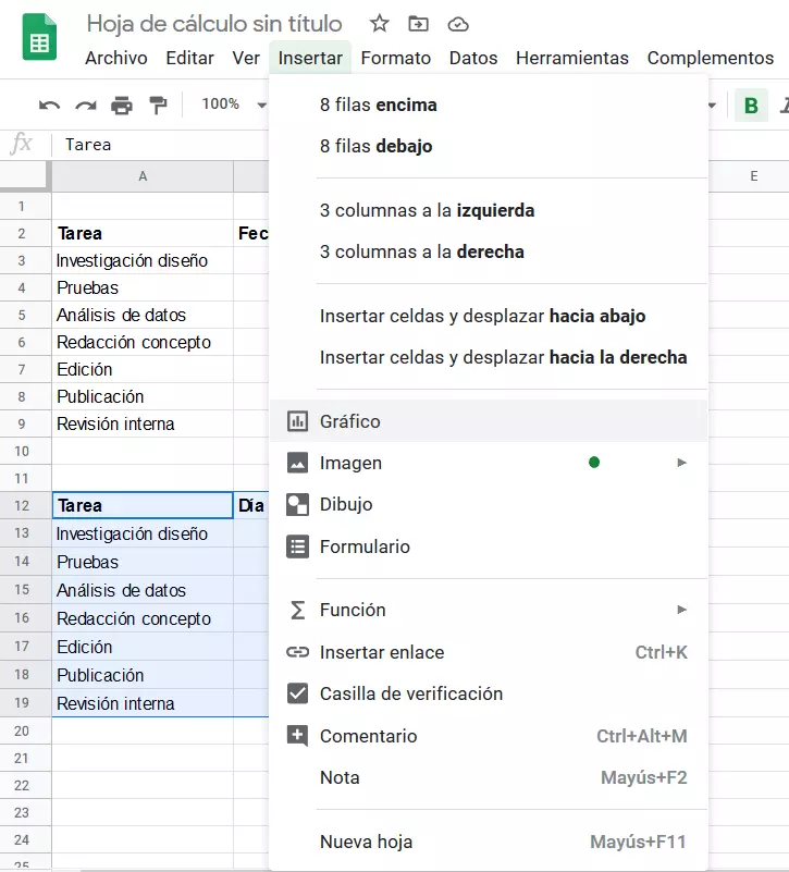 Menú “Insertar” de Google Sheets