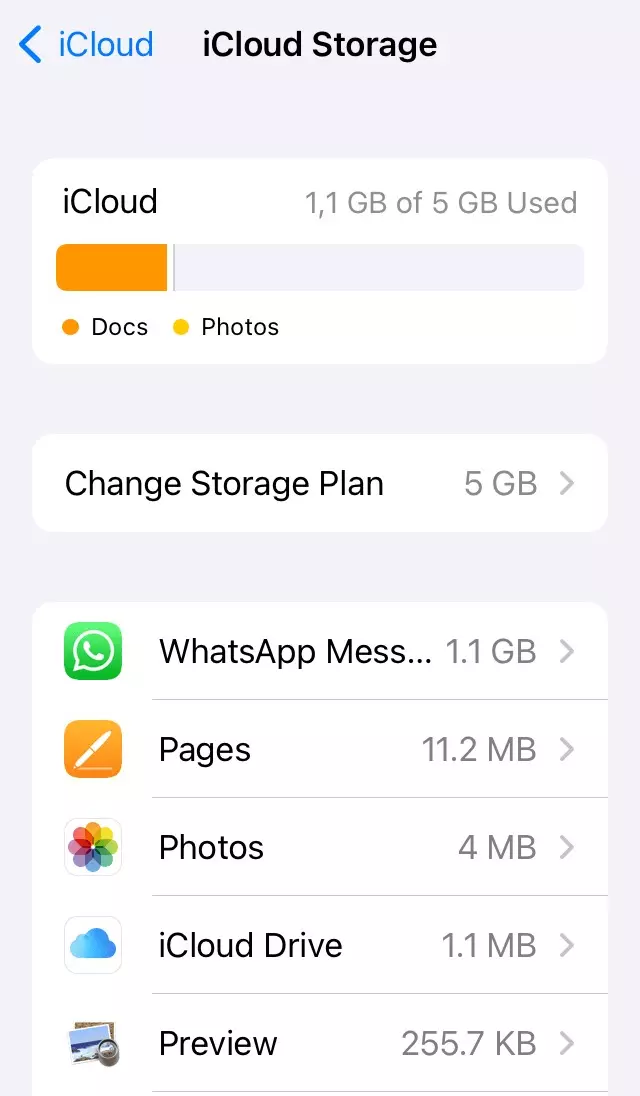 Captura de pantalla de “Almacenamiento de iCloud” en el iPhone