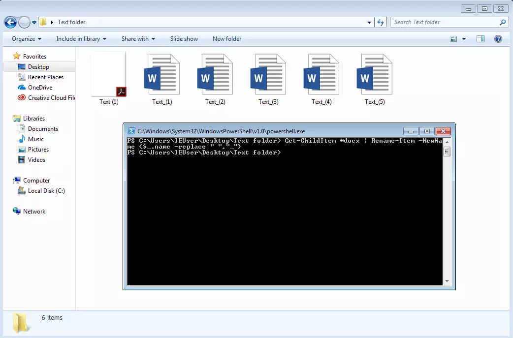 Resultado de renombrar archivos a través de PowerShell