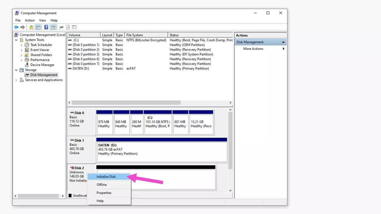 Administración de discos de Windows con el disco 2 desconocido 