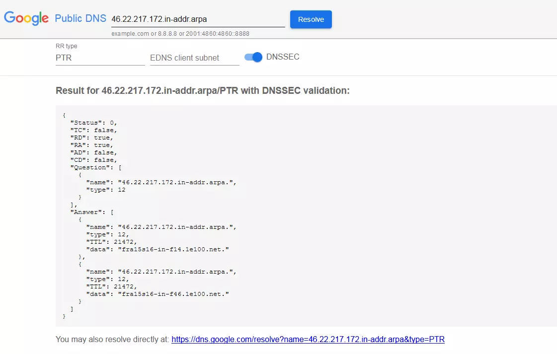 PTR-record check (consulta de un registro PTR) con Google Public DNS