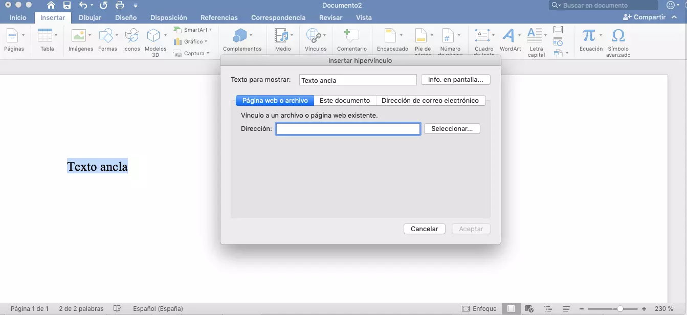 Microsoft Word: la ventana “Insertar hipervínculo”