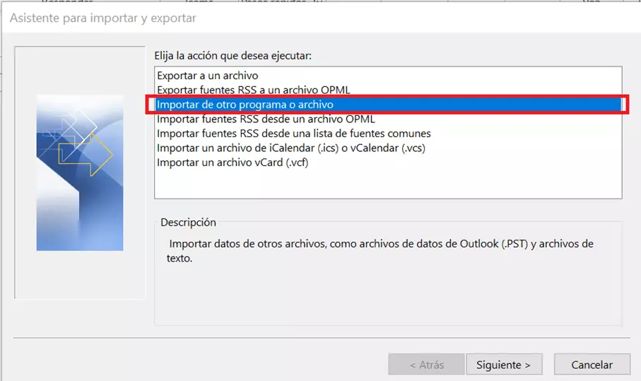 El asistente de importación/exportación de Outlook con opciones para importar y exportar archivos