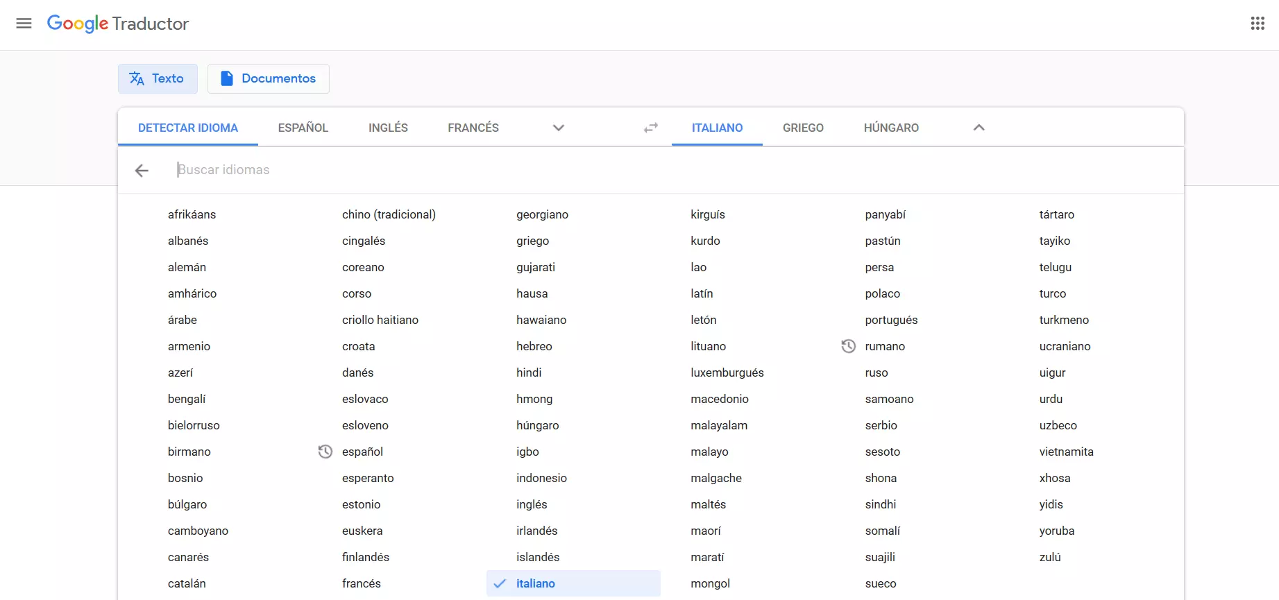 Selección de idioma en Google Translate