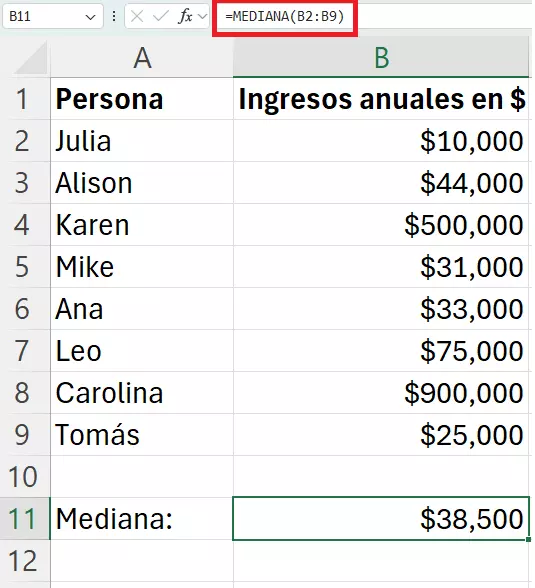 Calcular mediana en Excel con un número par de valores