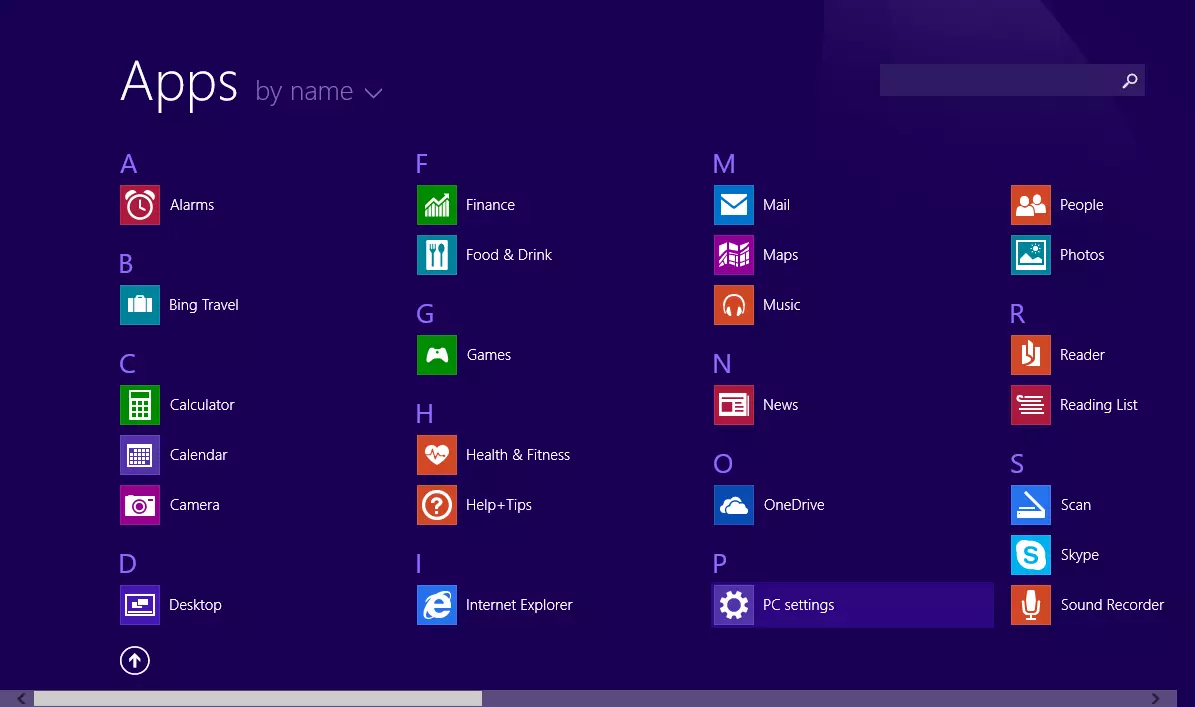 Menú de aplicaciones en Windows 8