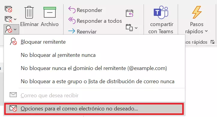 “Correo no deseado” en la cinta de menú de Outlook