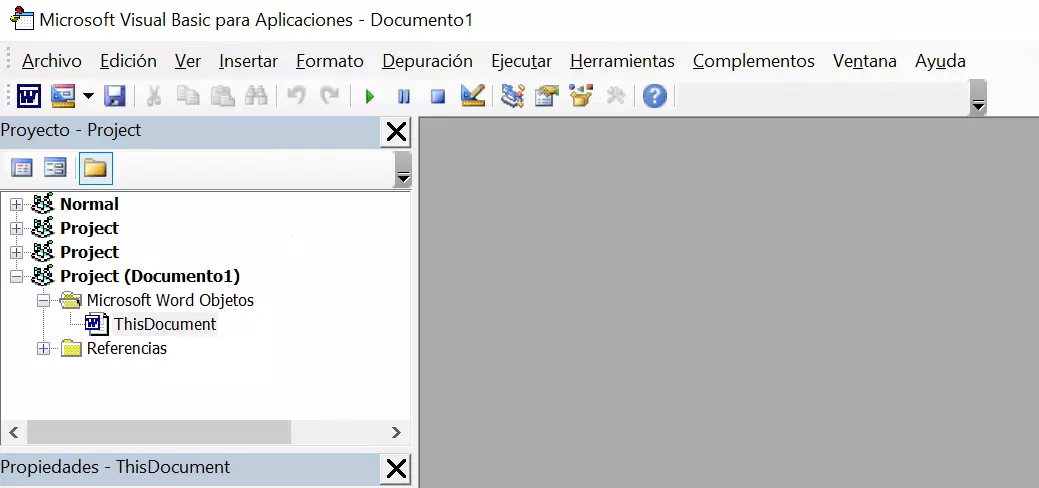 Explorador de proyectos en el editor de Visual Basic