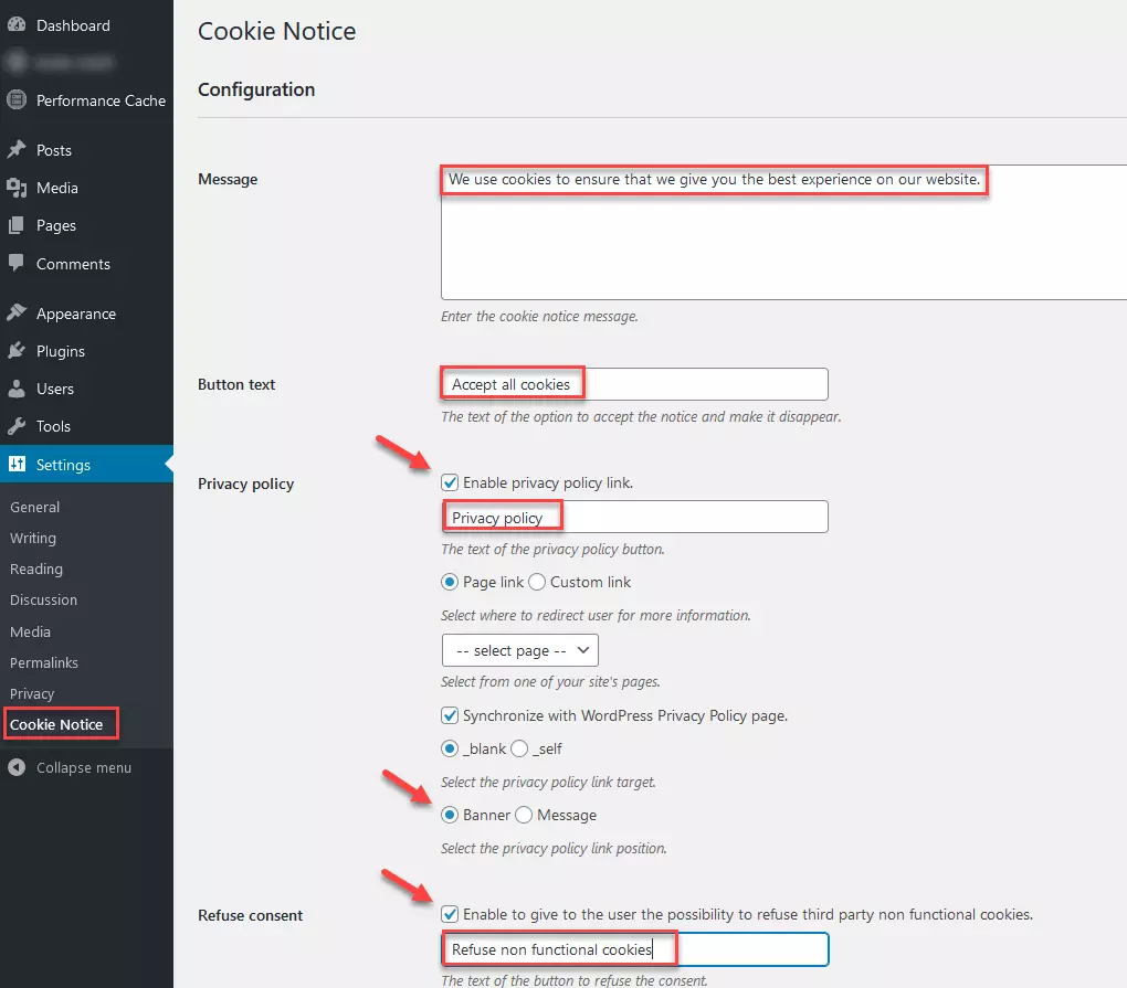 Cookie Notice: configuración