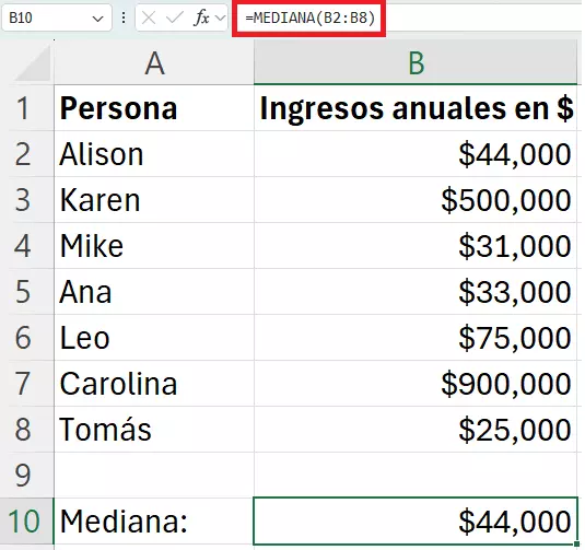 Calcular mediana en Excel con un número impar de valores