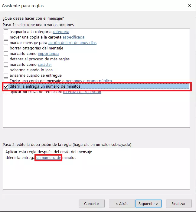 Asistente para reglas: retrasar el envío de mensajes por un tiempo determinado