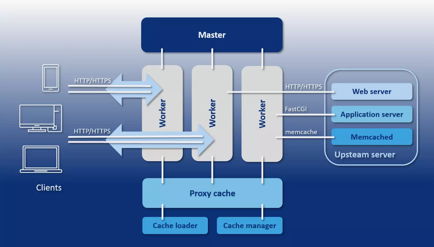 Representación esquemática de la arquitectura de nginx