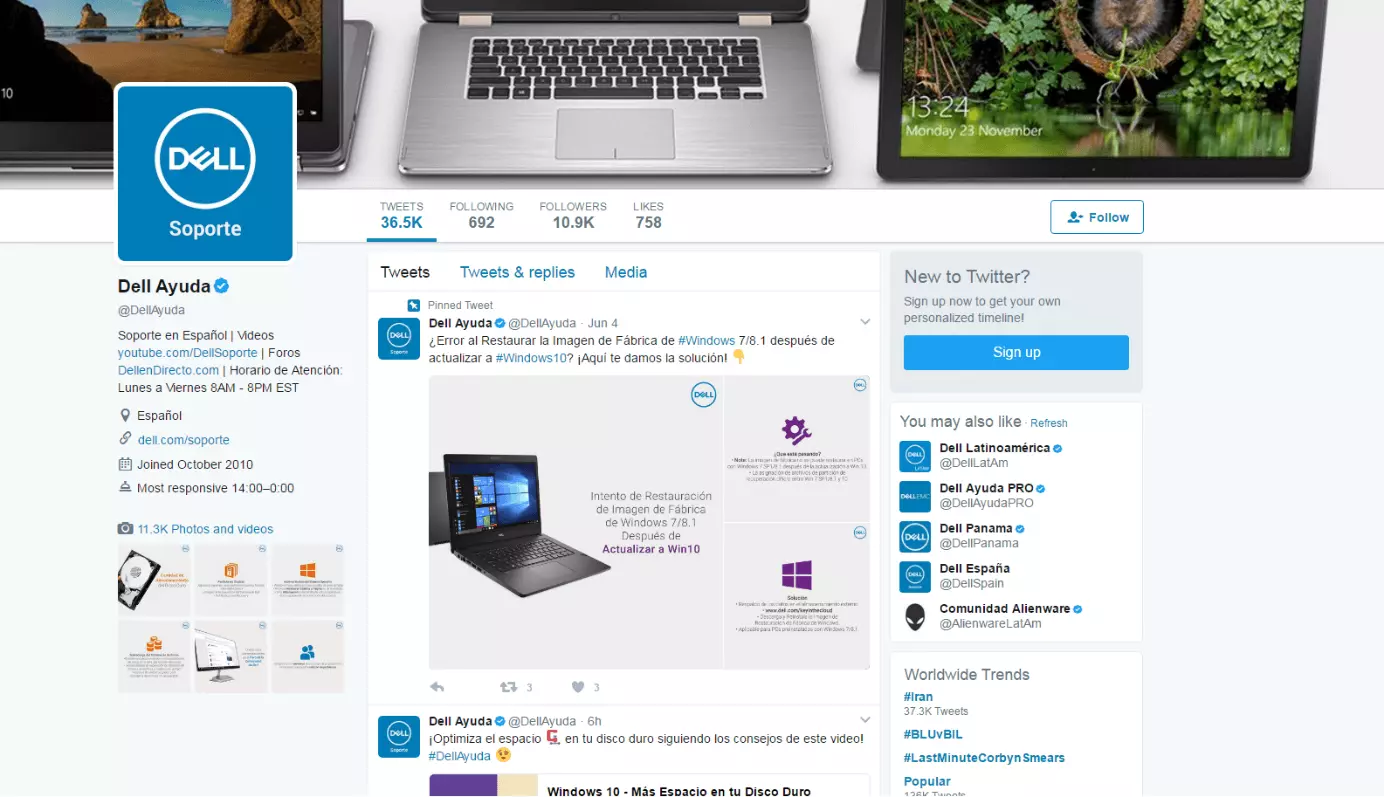 Captura de pantalla de la cuenta de Twitter @DellAyuda