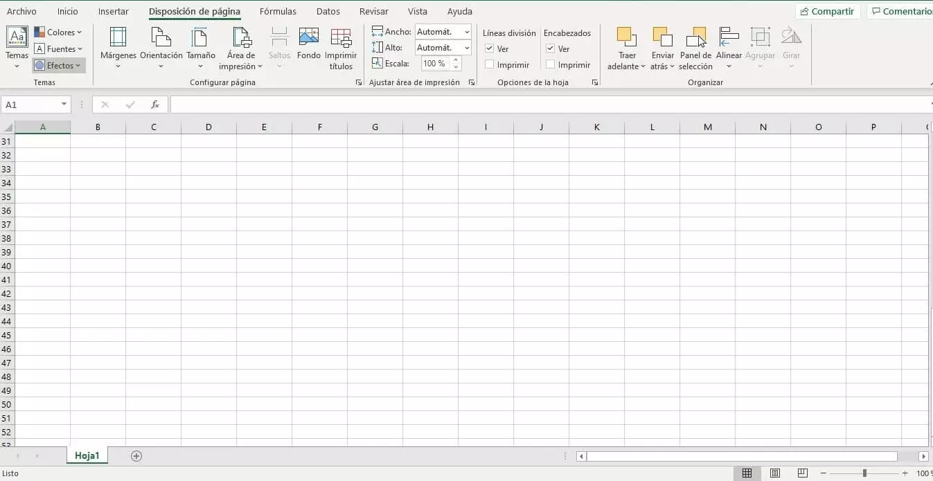 Área de impresión de Excel en una hoja de cálculo vacía