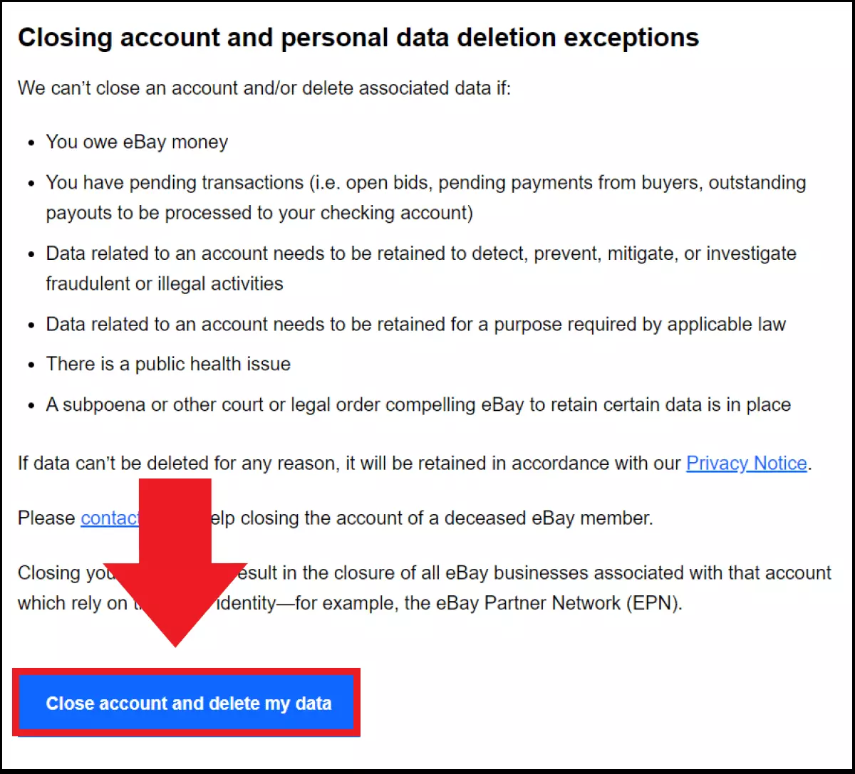 Captura de pantalla de la página de ayuda de eBay para cerrar la cuenta