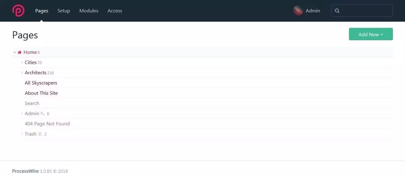 Página principal del backend con estructura de árbol