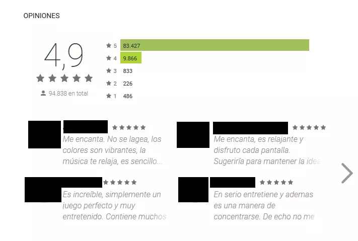 Captura de pantalla con valoraciones de aplicación en Google Play Store