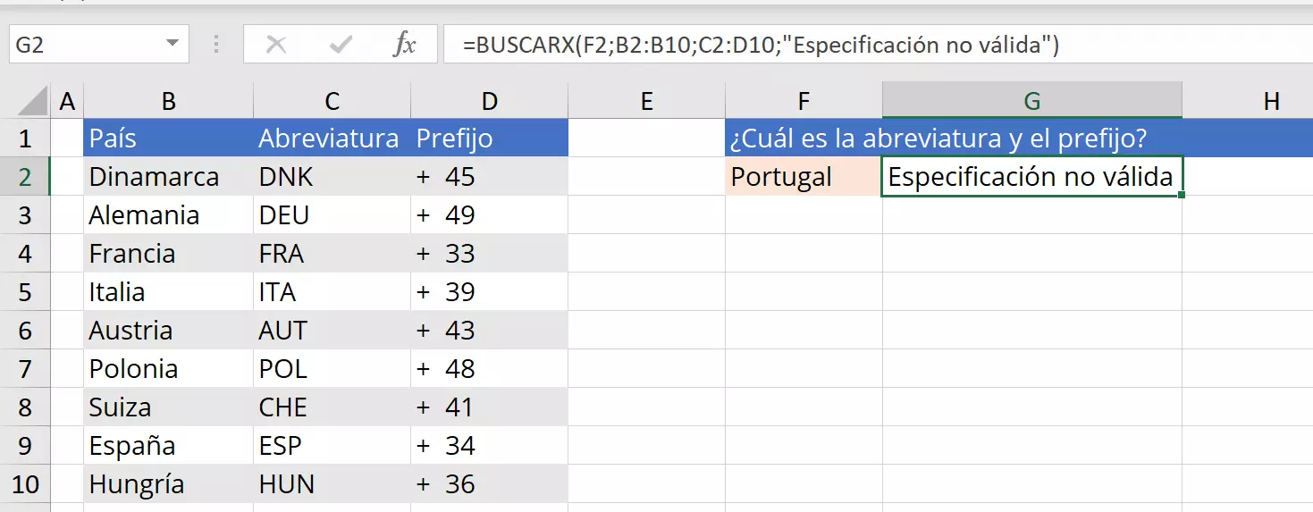 Ejemplo de BUSCARX con el parámetro si_no_se_encuentra