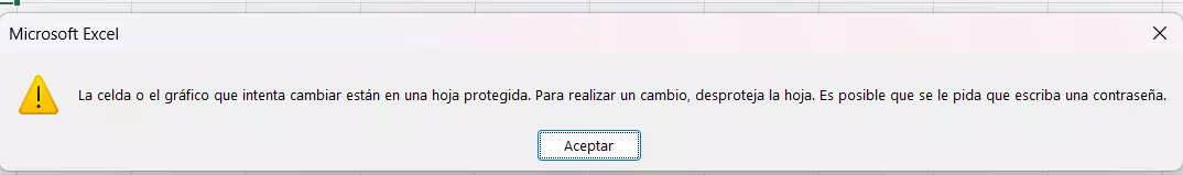 Aviso cuando se intenta escribir en una hoja protegida en Excel