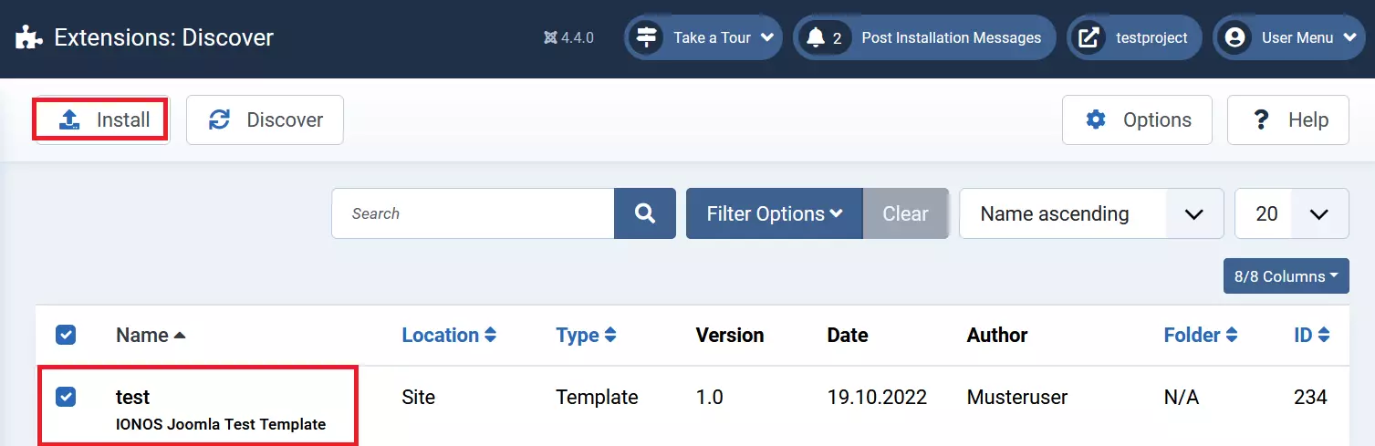 Vista del menú “Extensiones” > “Comprobar” en el backend de Joomla