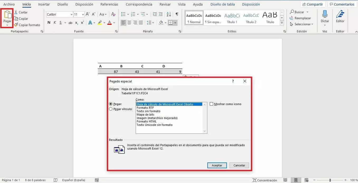 Menú para vincular Excel y Word