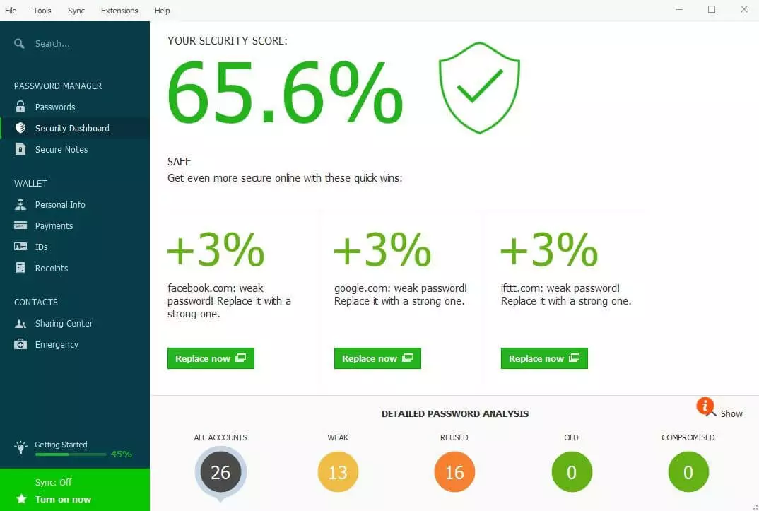 Panel de control de seguridad de Dashlane