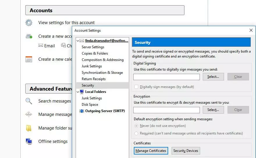 Mozilla Thunderbird: configuración de seguridad