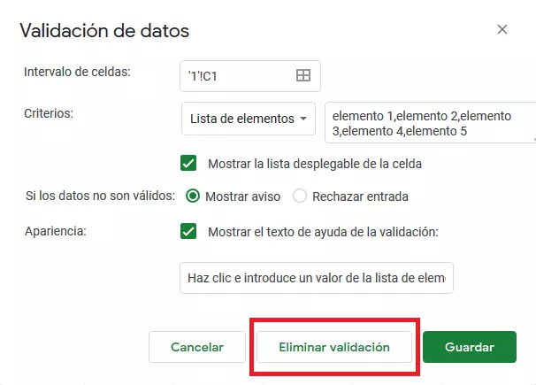 Google Sheets: borrar el menú desplegable