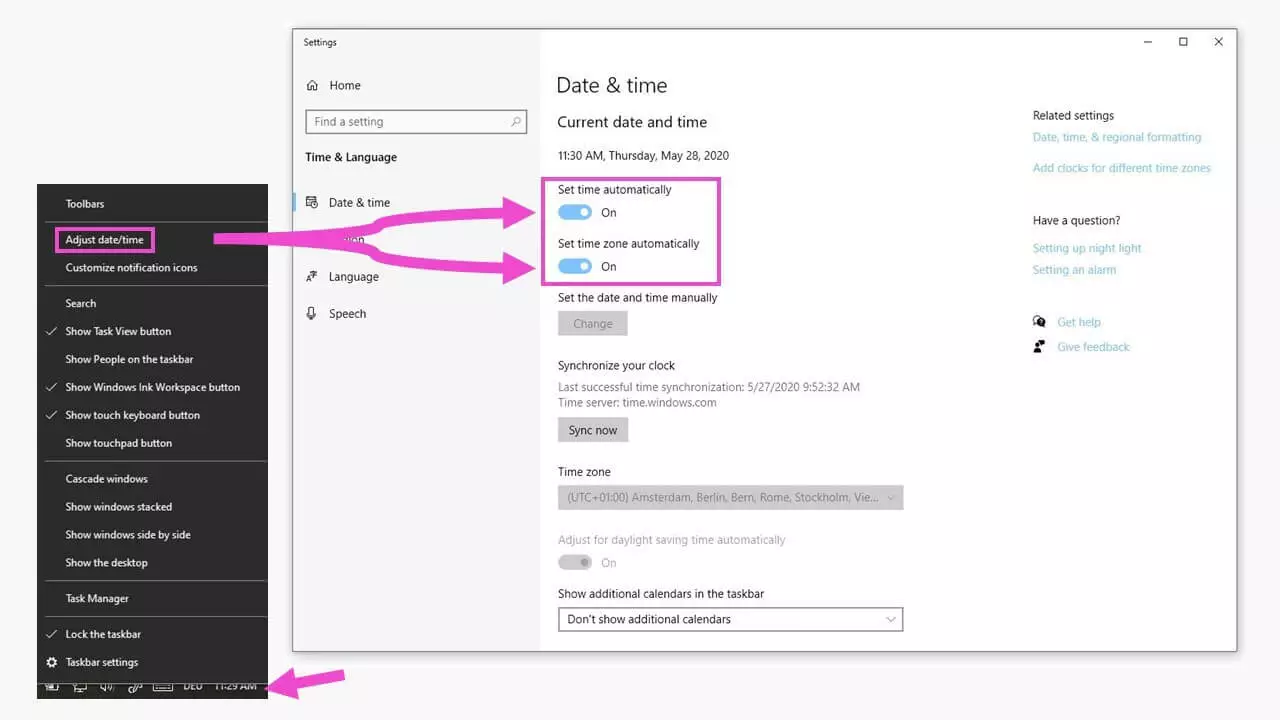 Configuración de Windows: fecha y hora