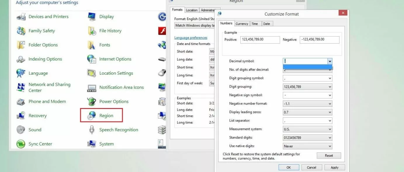 Panel de control de Windows: ajustes de formato en el menú “Región”