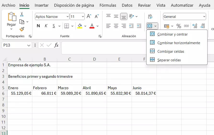 Unir celdas en Excel con “Combinar y centrar”