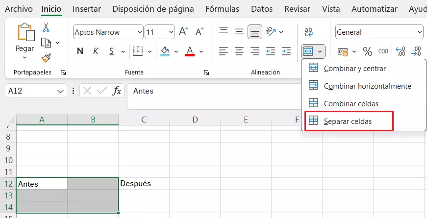 Volver a dividir celdas con Separar celdas”