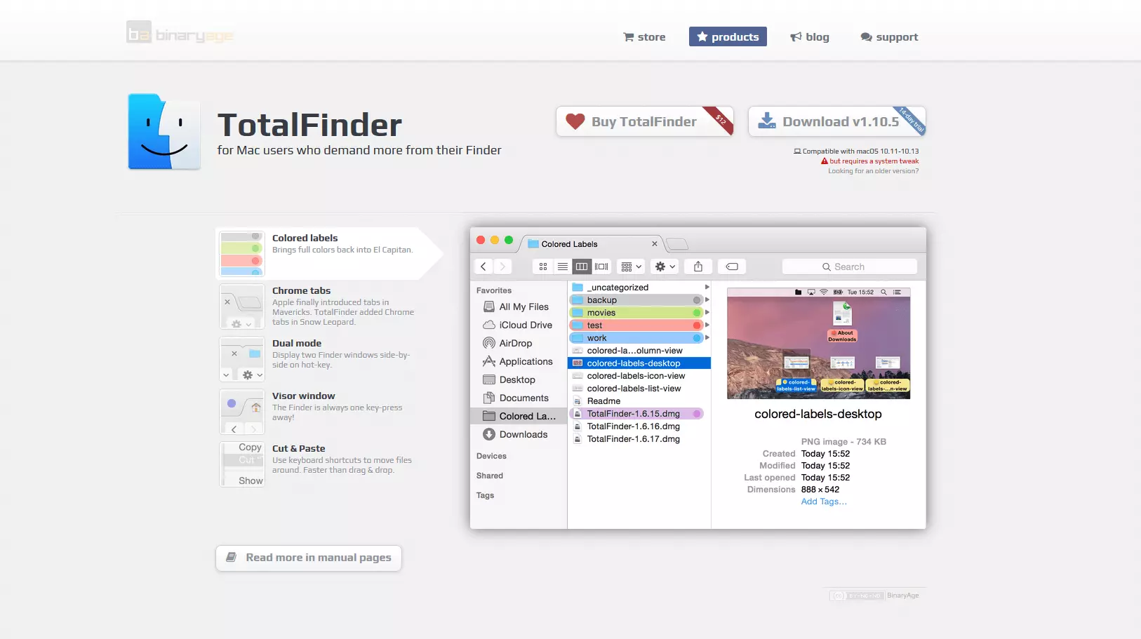 Página web del producto para Finder Extension TotalFinder