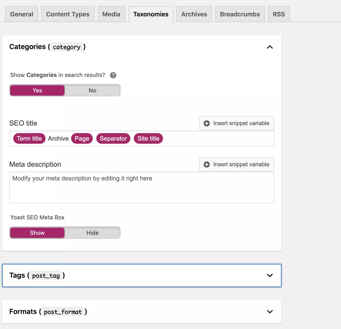 Yoast SEO: pestaña “Taxonomías” en el menú “Apariencia en la búsqueda”