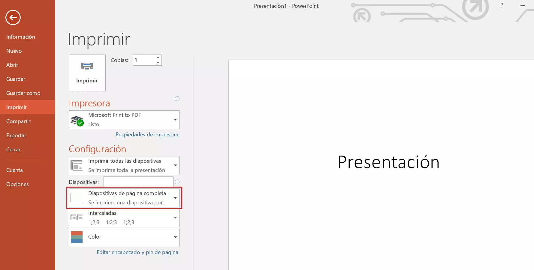 Configuración de impresión de PowerPoint