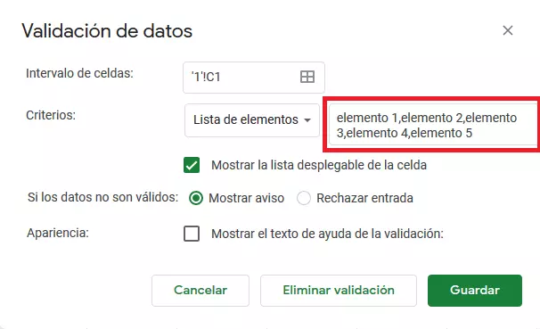 Google Sheets: lista de elementos