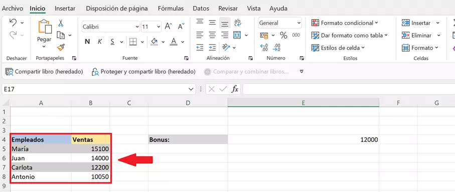 Segundo ejemplo de uso de COINCIDIRX: tabla de Excel con valores para analizar