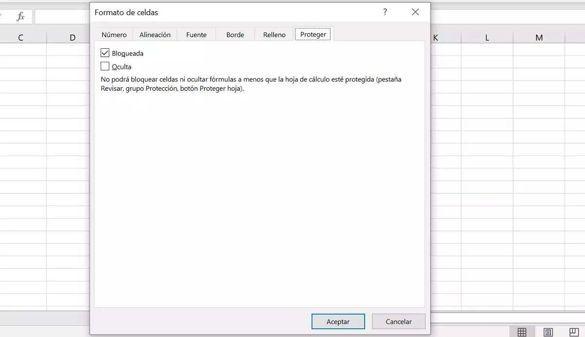 Captura del cuadro de diálogo “Formato de celdas”, pestaña “Proteger”