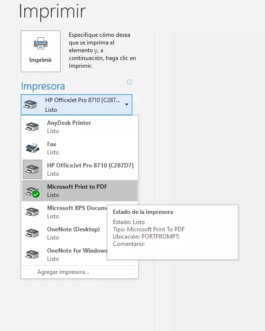 Opciones de impresión de Outlook