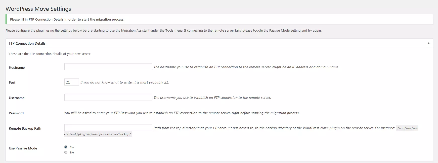 Vista de la configuración del plugin WordPress Move