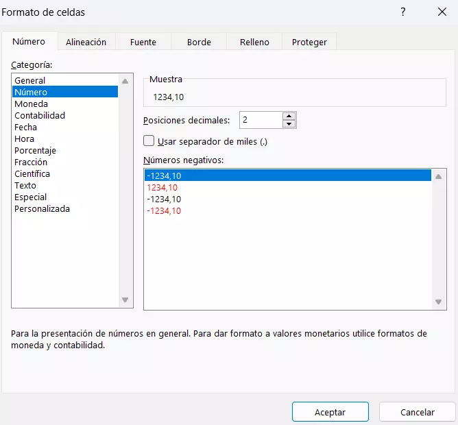 Ventana de Excel para formatear celdas de manera que muestren valores redondeados de cara al usuario